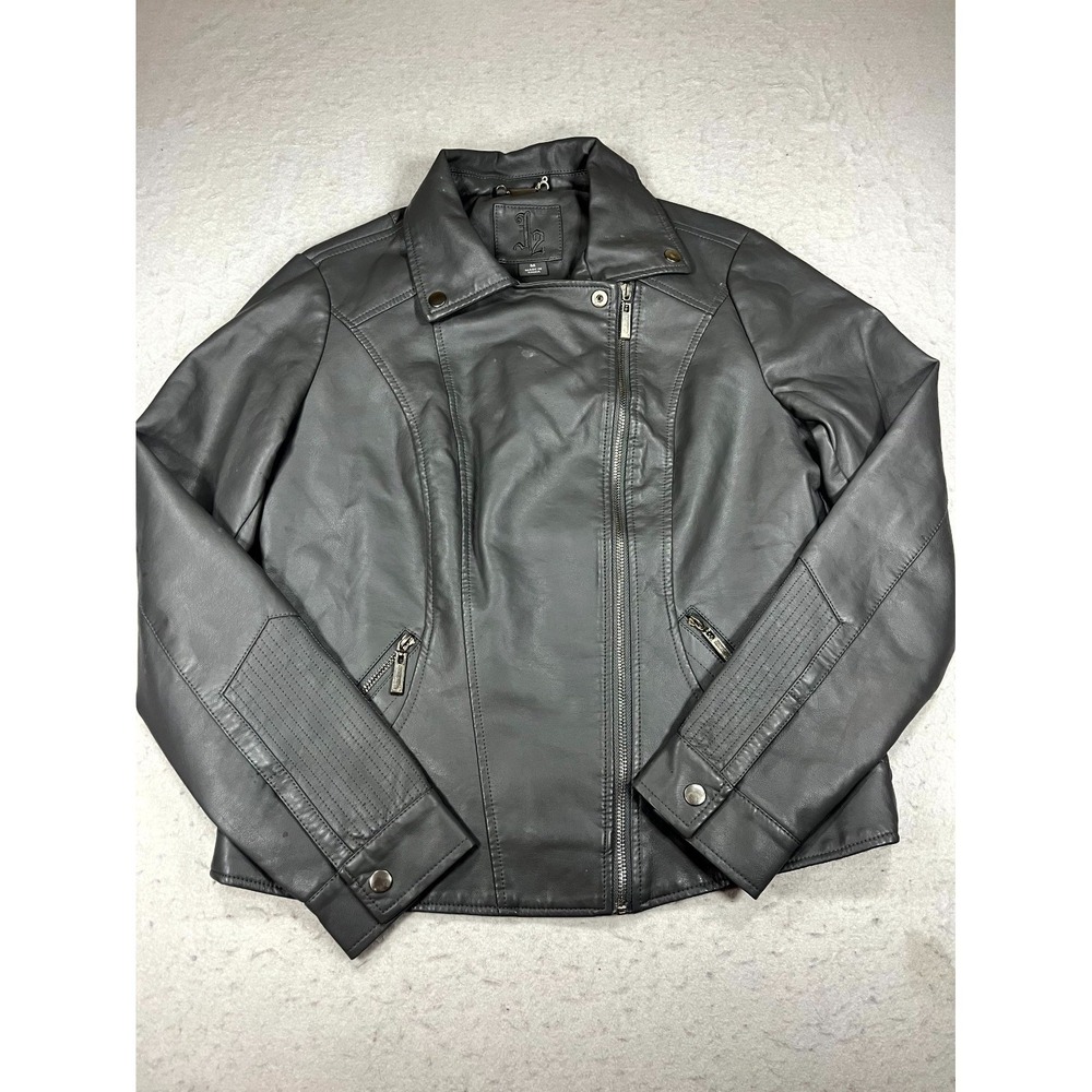 L2 Faux Leather Moto Jacket Womens Medium Gray Asymmetrical Zip Water Resistant